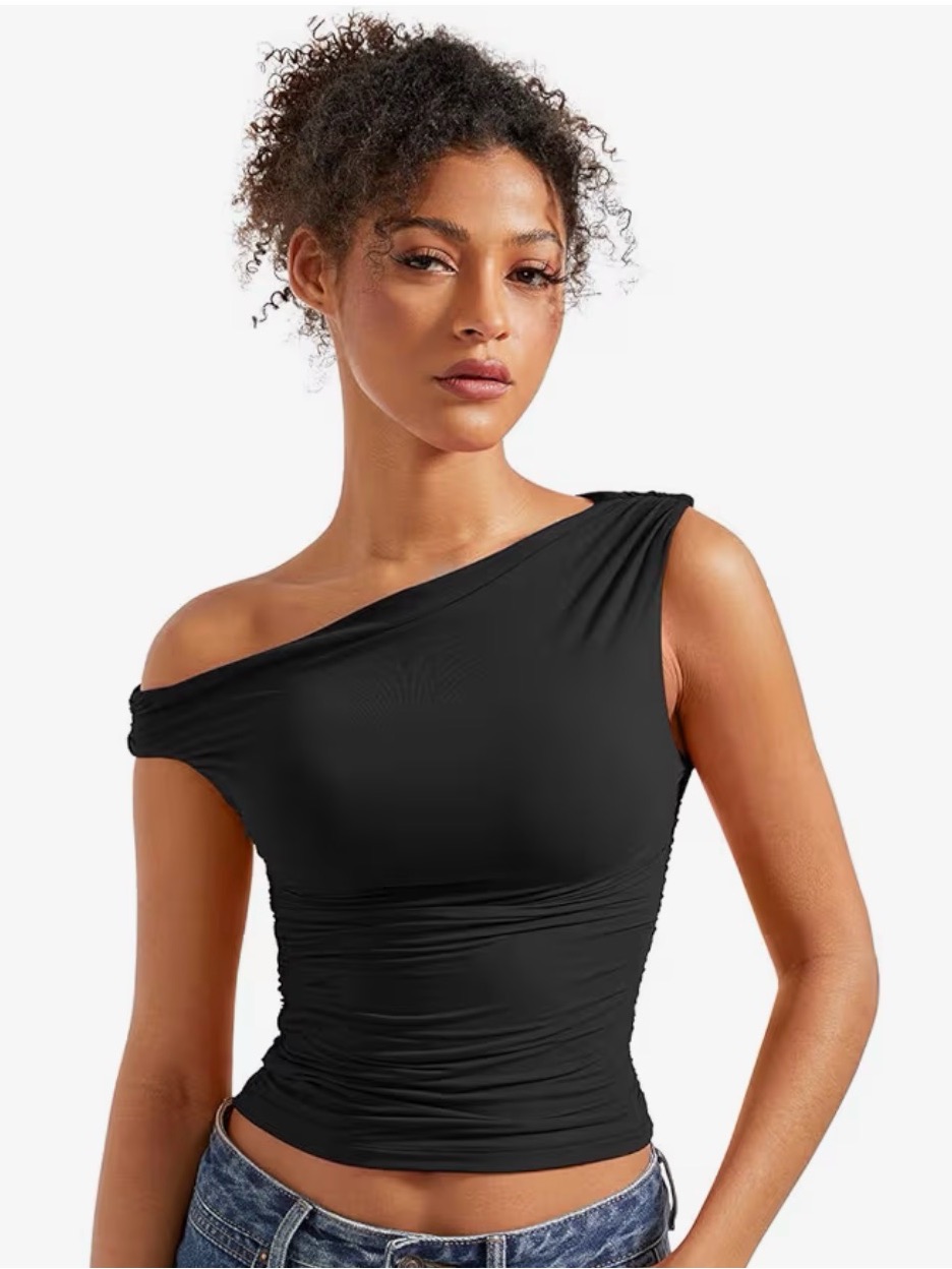 Elegant Black One-Shoulder Ruched Women’s Dress Top